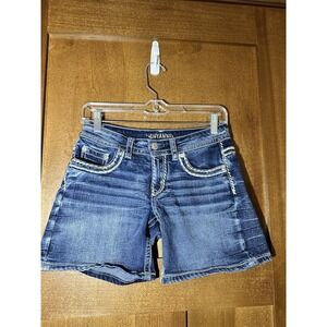 Miss Me Mid-Rise Denim Shorts Dark Wash Embroidered Sequin Size 25